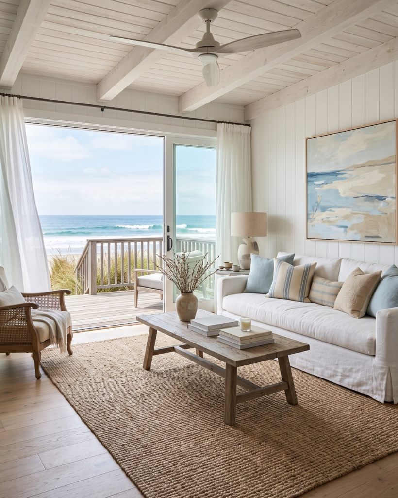 A coastal living room with white slipcovered linen sofas, a weathered wood coffee table and doors open to the dunes.