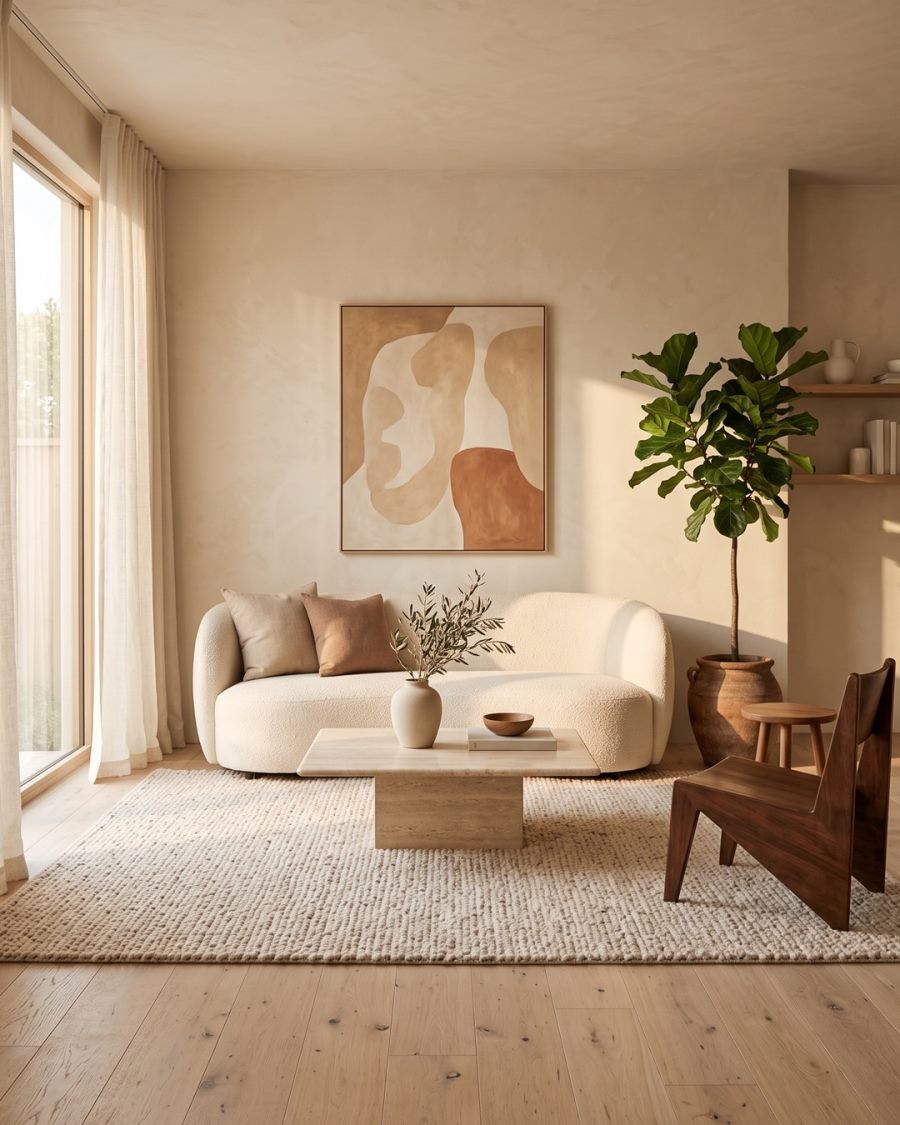 A warm minimalist living room with a curved bouclé sofa, a travertine coffee table and late-afternoon sun spilling across oak floors.