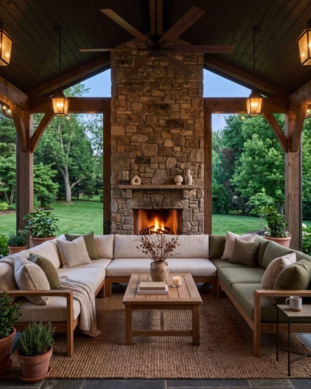 A covered outdoor living room with a stone fireplace, a deep sectional sofa and lanterns glowing at twilight.