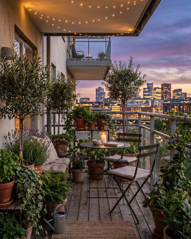 A small city balcony at dusk with string lights, potted olive trees and a bistro table for two, the skyline glowing behind.