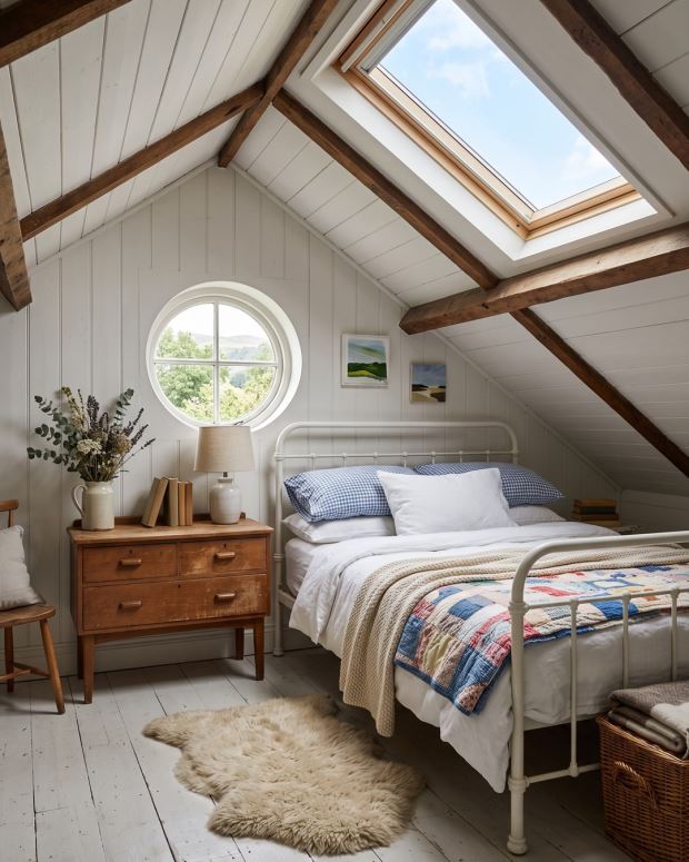 An attic bedroom with sloped ceilings, exposed wooden beams, a skylight above the bed and a patchwork quilt.