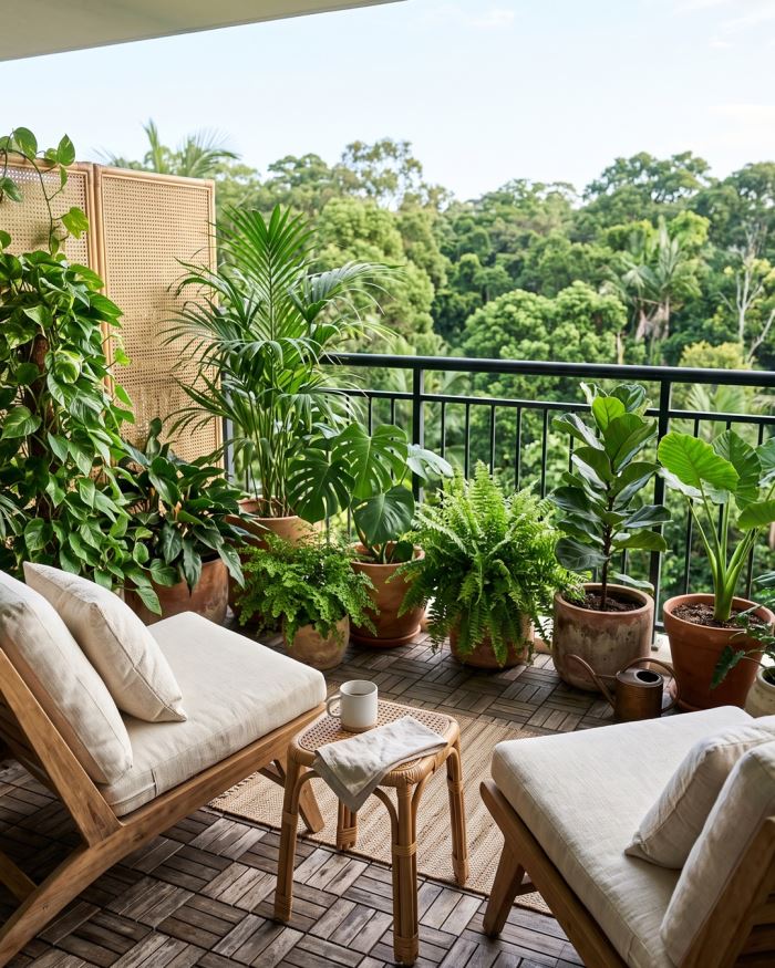 A balcony with lounge chairs, a coffee cup and a wall of lush green plants overlooking treetops.