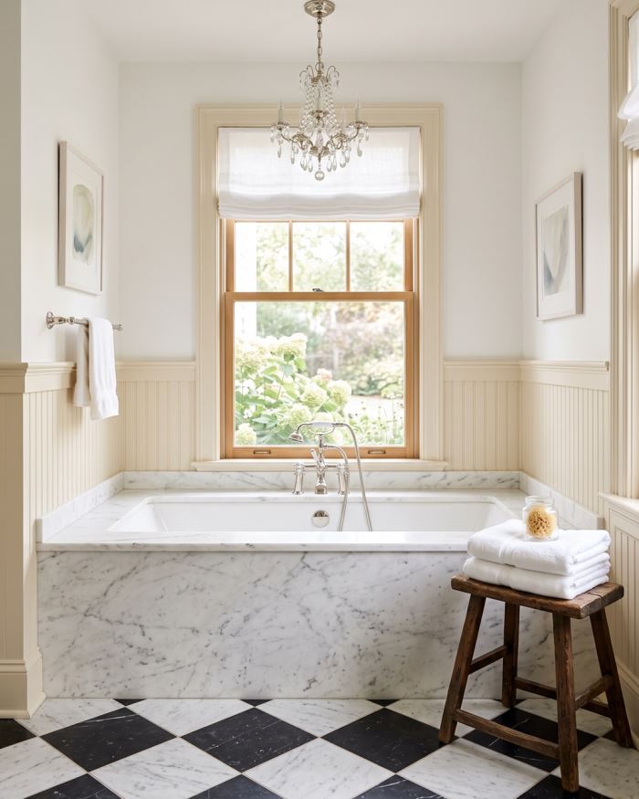 A drop-in bathtub framed in white marble above a black and white checkerboard floor, with a crystal chandelier overhead.