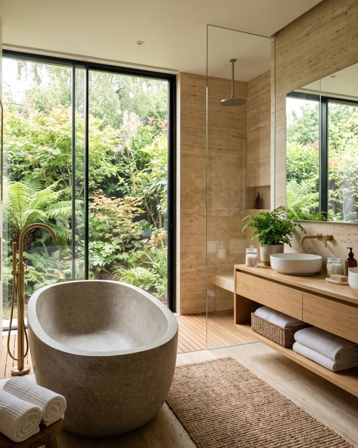 A sculptural stone bathtub in front of floor-to-ceiling glass, surrounded by warm travertine and a private garden view.
