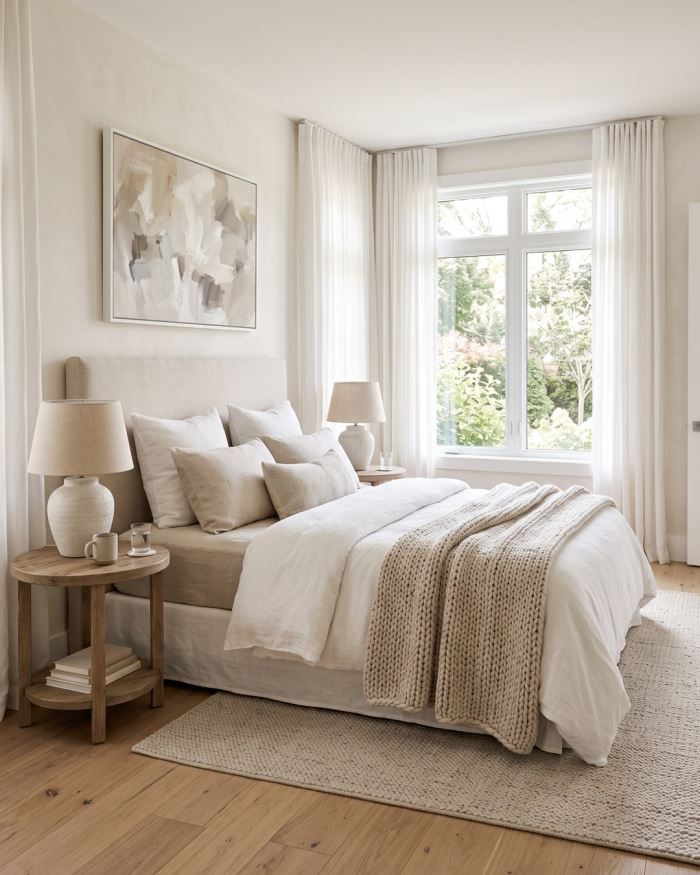 A bedroom in soft neutrals with layered linen bedding and morning light pouring through sheer curtains.