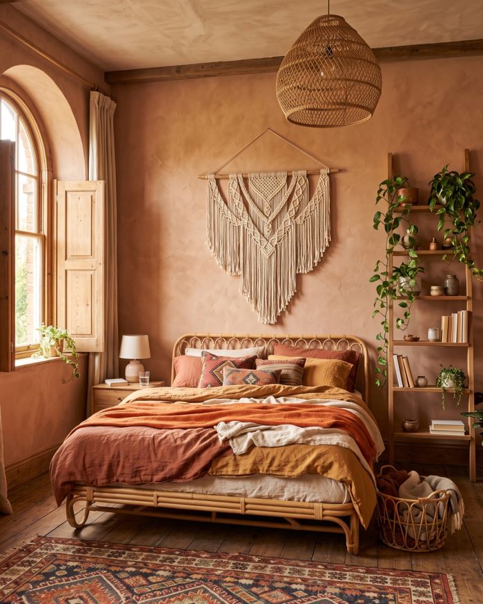 A bedroom with terracotta limewash walls, a rattan bed frame and layers of rust and ochre linen.
