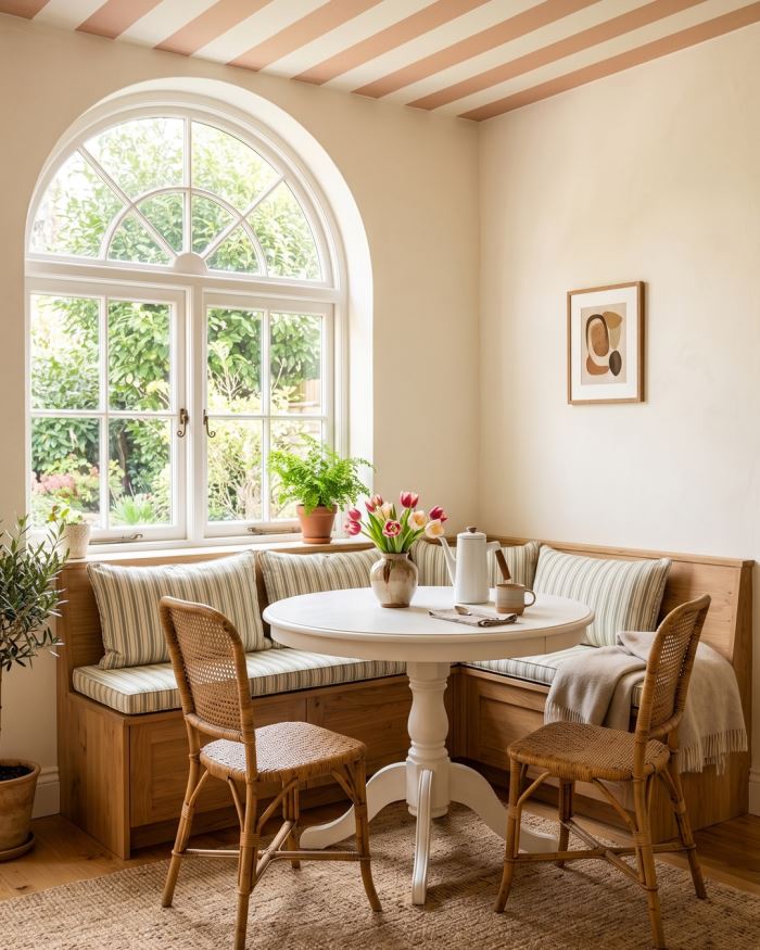 A cushioned banquette tucked under an arched window, beneath a softly striped ceiling.