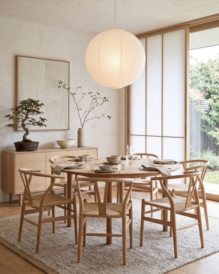 A round oak dining table under a paper lantern, with soft light filtering through shoji-style screens.