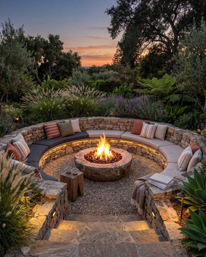 A circular stone bench wrapped around a sunken fire pit, surrounded by lavender and tall ornamental grasses.