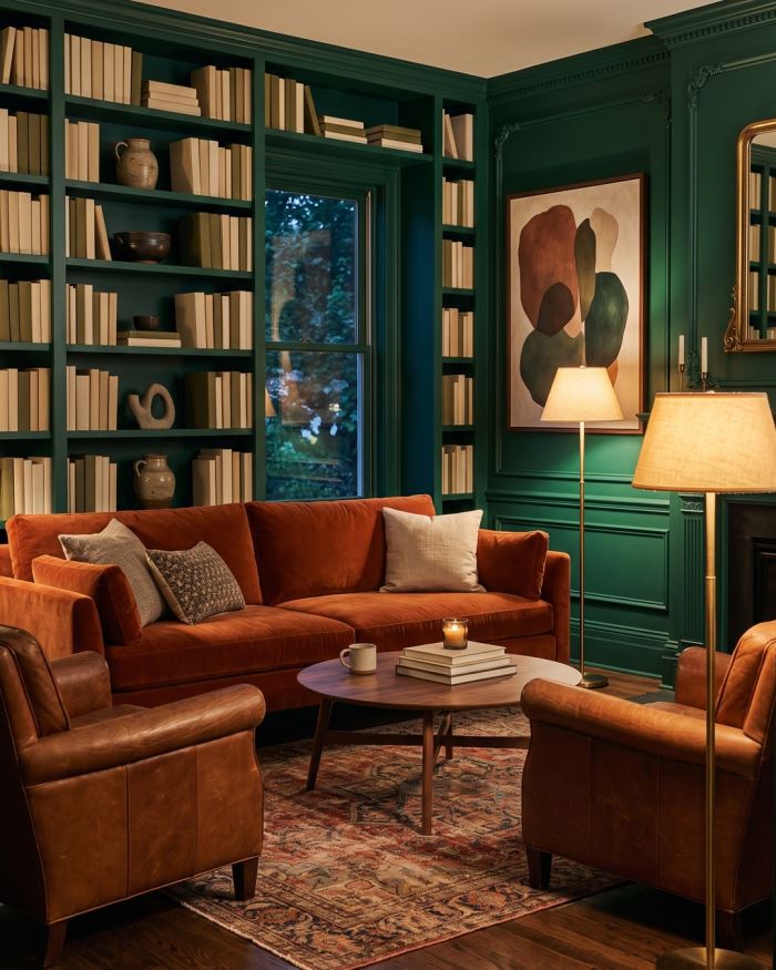 A living room with deep emerald walls, a rust velvet sofa and a brass floor lamp casting warm light.