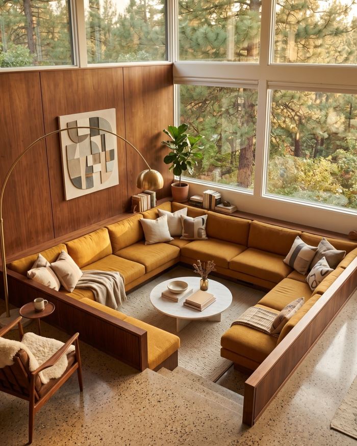 A sunken mid-century conversation pit with mustard cushions, walnut panelling and a round marble table at the centre.