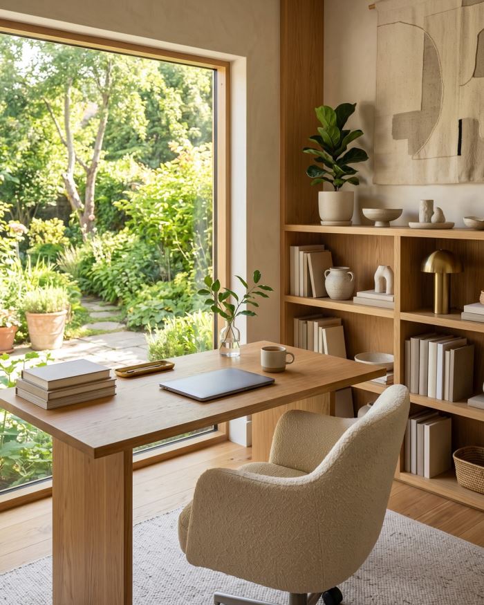 An oak desk facing a large garden window, with a soft bouclé chair and shelves styled with handmade ceramics.