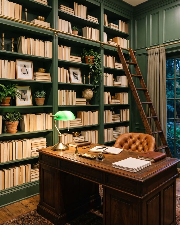 A home office with green panelled walls, floor-to-ceiling bookshelves, a rolling ladder and a brass banker's lamp.