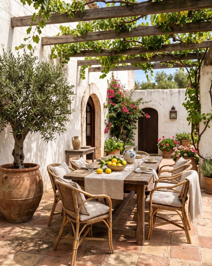 A long wooden table set under a grapevine pergola, with terracotta floors and whitewashed walls.