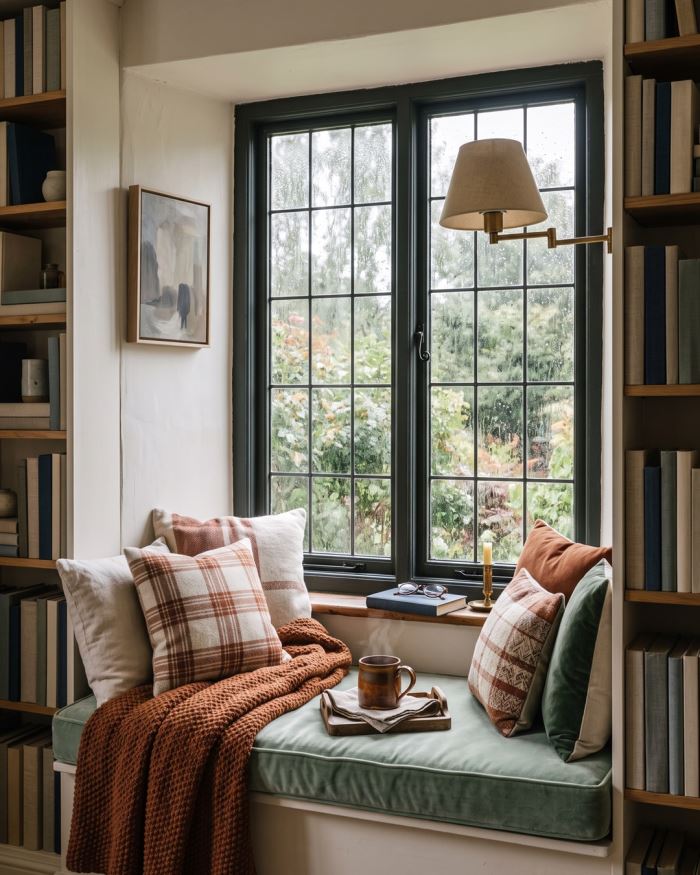 A velvet window seat with plaid pillows and a warm mug, rain running down the glass outside.